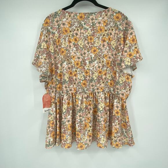 Arula Women's Ivory Yellow Peach Floral V Neckline Peplum Blouse Size 2X - Picture 3 of 8